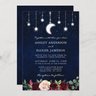 Invitation Céleste Lune Étoiles Lumières Mariage Floral Photo