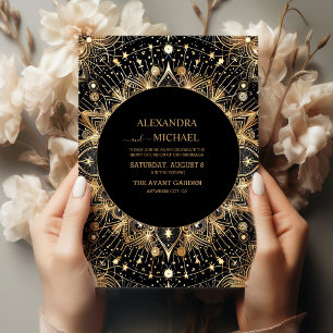 Invitation Céleste Mariage de Minuit Noir Croissant de Lune