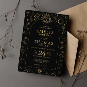 Invitation Céleste Mariage Soleil et Lune Noir et Or