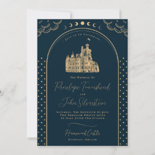 Invitation Céleste Marine Blue Gold Vintage Castle Mariage