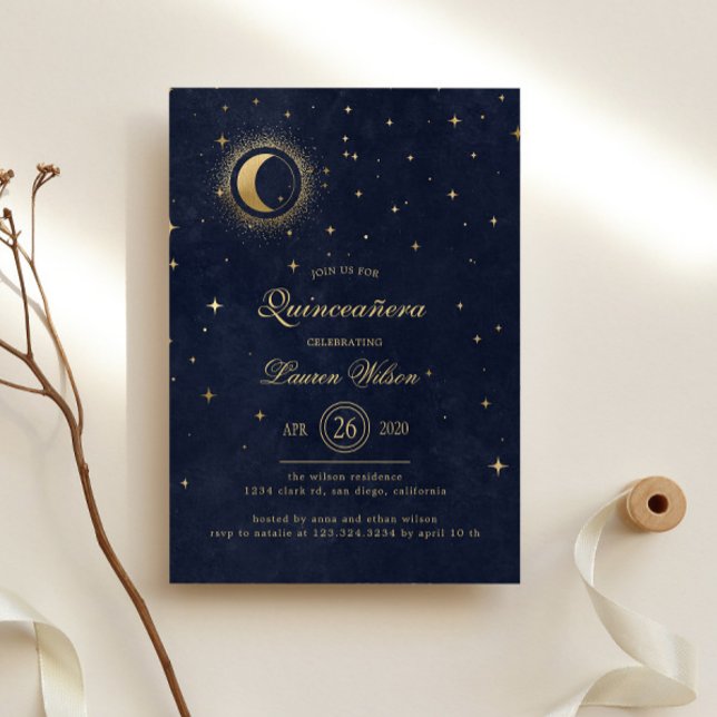 Invitation Céleste Midnight Blue Gold Stars Quinceanera (Créateur téléchargé)