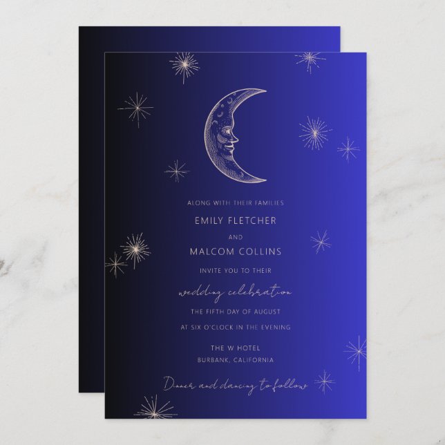 Invitation Céleste Midnight Blue Moon Stars Mariage (Devant / Derrière)