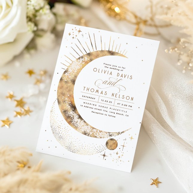Invitation Céleste mystique lune étoile Mariage Boho de nuit (Celestial Stars Moon White Wedding Invitations)
