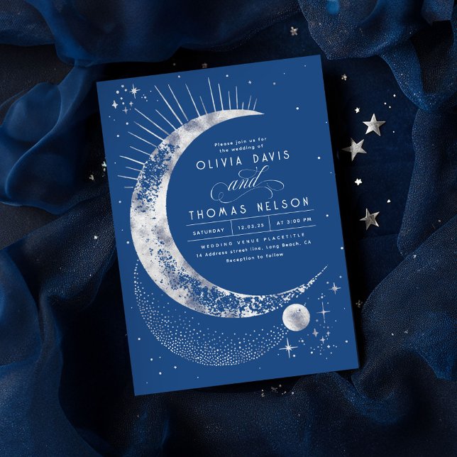 Invitation Céleste mystique lune étoile Mariage Boho de nuit (Navy Blue and Silver Celestial Wedding Invitations)