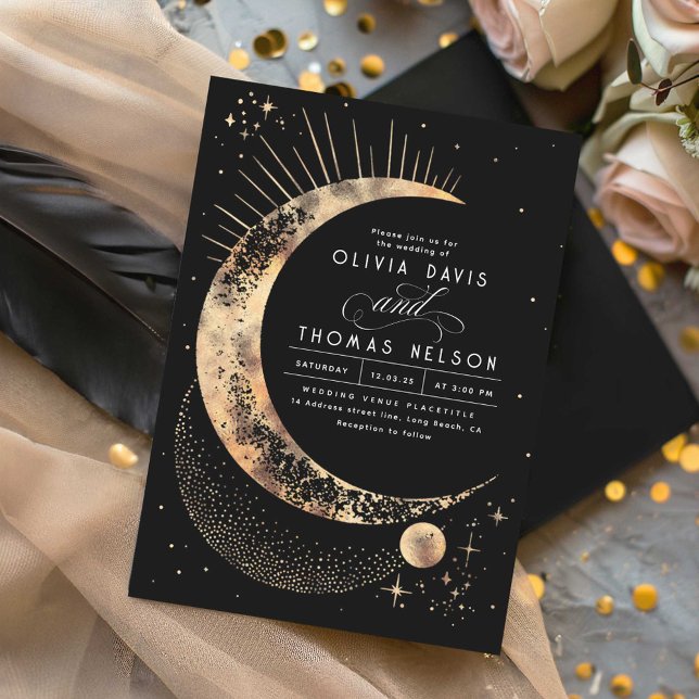 Invitation Céleste mystique lune étoile Mariage Boho de nuit (Black Celestial Wedding Invitations)