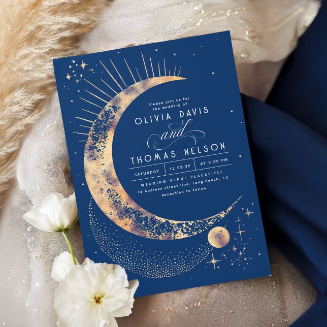 Invitation Céleste mystique lune étoile Mariage Boho de nuit (Navy Blue and Gold Stars Wedding Invitation)