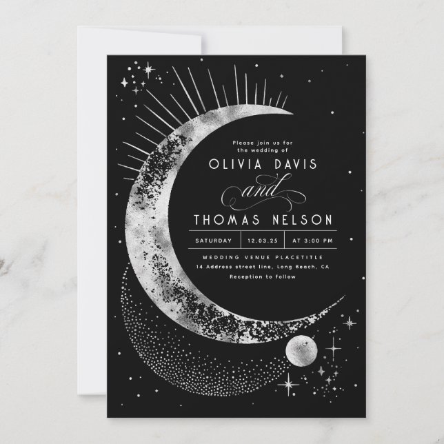Invitation Céleste mystique lune étoile Mariage Boho de nuit (Devant)