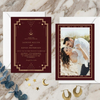 Invitation Céleste Mystique Lune Étoiles Bourgogne Mariage