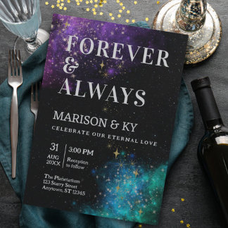 Invitation Céleste Nuit Sky Space Nebula Gold Star Mariage
