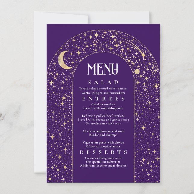 Invitation Céleste Nuit Sky Stars Arch Purple Menu Mariage (Devant)