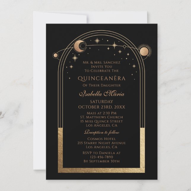 Invitation Céleste Quinceañera Or Noir (Devant)