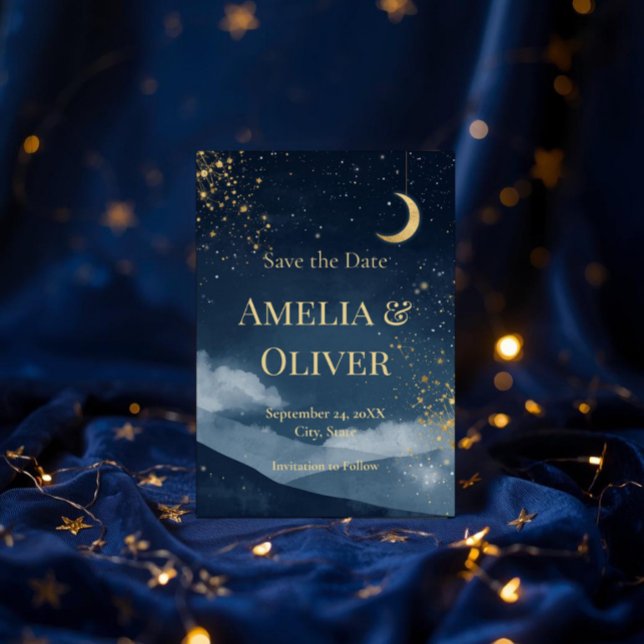 Invitation Céleste Save the Date | Nuit étoilée Navy & Or (Créateur téléchargé)