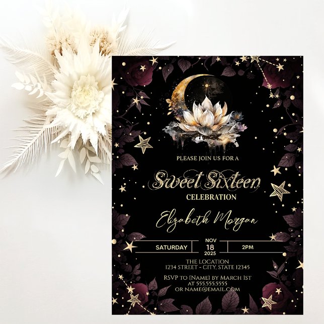 Invitation Céleste Soleil,Lune,Etoiles Roses Sweet 16 (Créateur téléchargé)