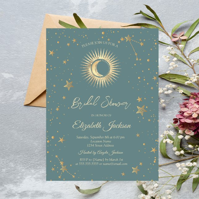 Invitation Céleste Soleil, Lune, Étoiles Vert Menthe Baby Sho (Créateur téléchargé)
