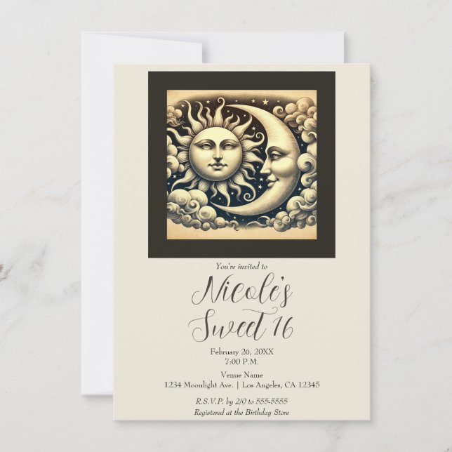 Invitation Céleste Vintage Soleil & Lune Douce 16e Anniversai (Devant)