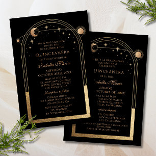 Invitation Celestial Black Gold Bilingue Espagnol Quinceañera