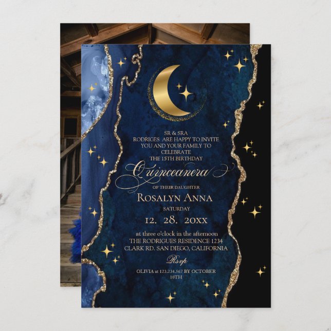 Invitation  Celestial Blue Quinceanera Midnight Stars Moon  (Devant / Derrière)