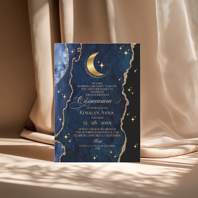 Invitation  Celestial Blue Quinceanera Midnight Stars Moon  (Créateur téléchargé)