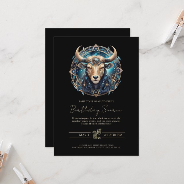 Invitation Celestial Bull Zodiac Symbol Black Gold Taurus (Devant/Arrière en situation)