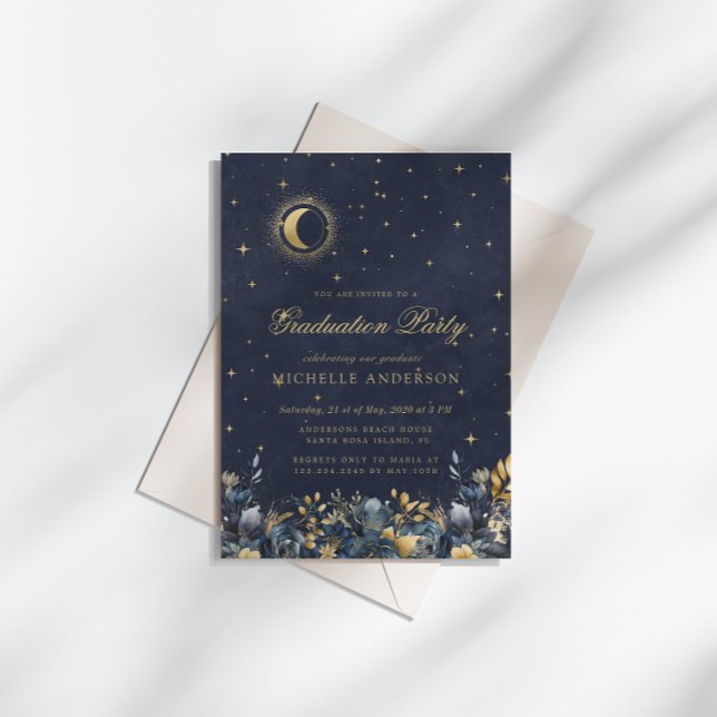 Invitation Celestial Floral Blue Stars Moon Graduation Party (Créateur téléchargé)