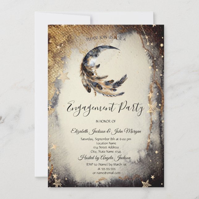 Invitation Celestial Gold Stars Moon Feather Dark (Devant)