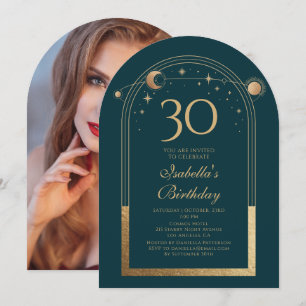 Invitation Celestial Green Gold Sun Moon Stars 30e anniversai