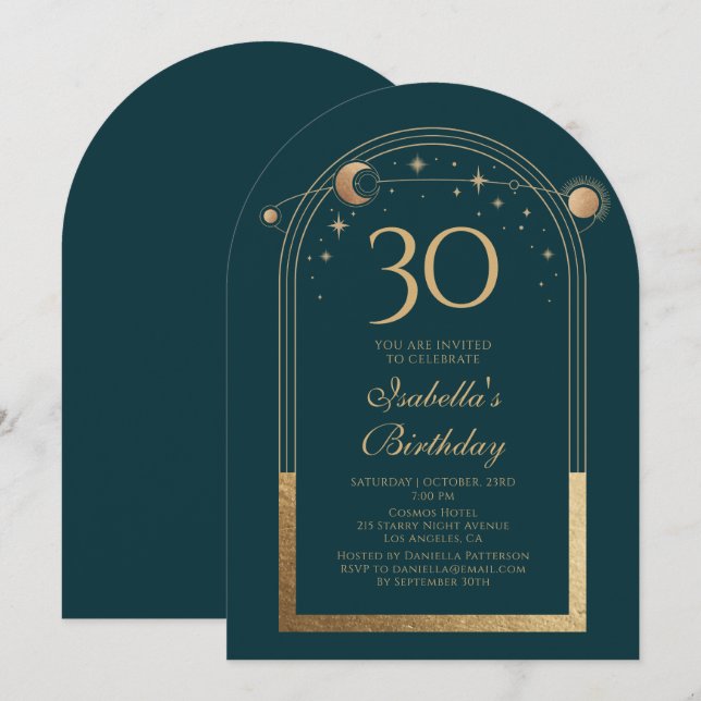 Invitation Celestial Green Gold Sun Moon Stars 30e anniversai (Devant / Derrière)