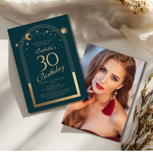 Invitation Celestial Green Gold Sun Moon Stars 30e anniversai