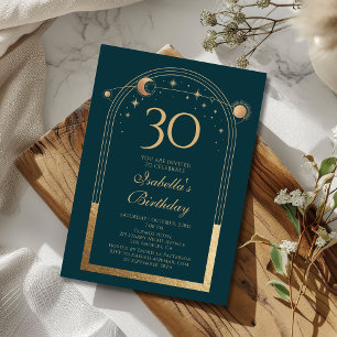 Invitation Celestial Green Gold Sun Moon Stars 30e anniversai