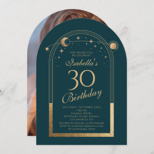 Invitation Celestial Green Gold Sun Moon Stars 30e anniversai