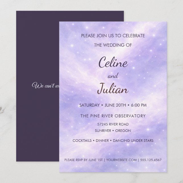 Invitation Celestial Lavender Nebula Under the Stars Wedding  (Devant / Derrière)