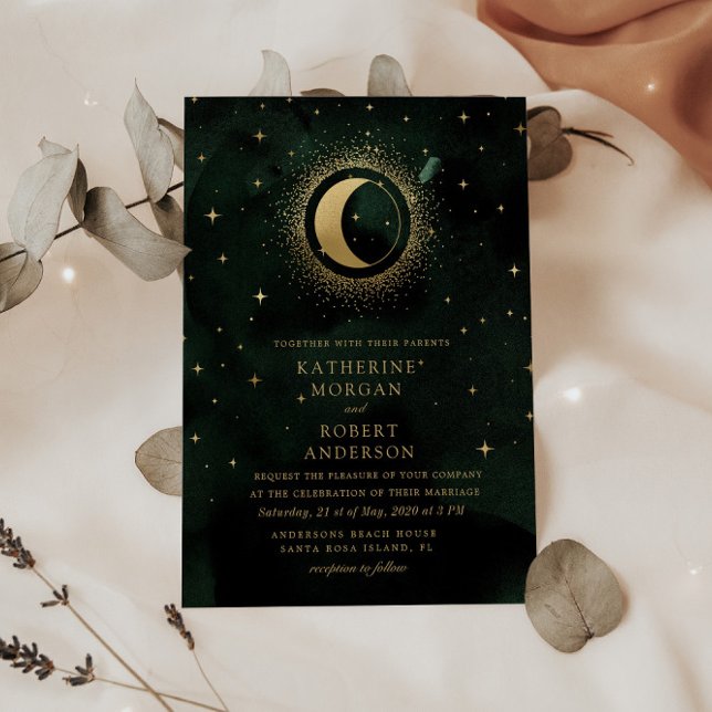 Invitation Celestial Midnight Green Stars Moon Mariage (Créateur téléchargé)