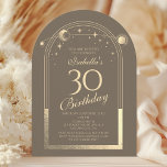 Invitation Celestial Mocha Gold Sun Moon Stars 30e anniversai<br><div class="desc">Celestial Mocha Gold Sun Moon Astronomy 30th Birthday Invitations dispose d'un élégant soleil doré, lune et étoiles avec un cadre doré sur un arrière - plan mocha. A l'intérieur, vous avez vos informations d'invitation personnalisées pour le trentième anniversaire. Personnalisez en modifiant le texte dans les zones de texte. Conçu pour...</div>