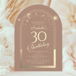 Invitation Celestial Mocha Gold Sun Moon Stars 30e anniversai<br><div class="desc">Celestial Mocha Mousse Gold Sun Moon Astronomy 30th Birthday Invitations dispose d'un élégant soleil doré, lune et étoiles avec un cadre doré sur un arrière - plan de mousse mocha. A l'intérieur, vous avez vos informations d'invitation personnalisées pour le trentième anniversaire. Personnalisez en modifiant le texte dans les zones de...</div>