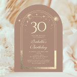 Invitation Celestial Mocha Gold Sun Moon Stars 30e anniversai<br><div class="desc">Celestial Mocha Mousse Gold Sun Moon Astronomy 30th Birthday Invitations dispose d'un élégant soleil doré, lune et étoiles avec un cadre doré sur un arrière - plan de mousse mocha. A l'intérieur, vous avez vos informations d'invitation personnalisées pour le trentième anniversaire. Personnalisez en modifiant le texte dans les zones de...</div>