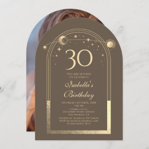 Invitation Celestial Mocha Gold Sun Moon Stars 30e anniversai