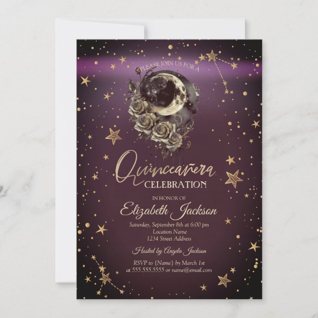 Invitation Celestial Moon Roses Stars Burgundy Quinceanera (Devant)