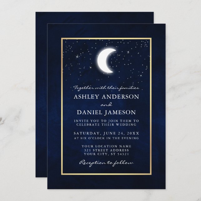Invitation Celestial Moon Stars Gold Photo Mariage (Devant / Derrière)