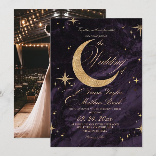 Invitation Celestial Purple and Gold Moody Wedding  (Devant / Derrière)