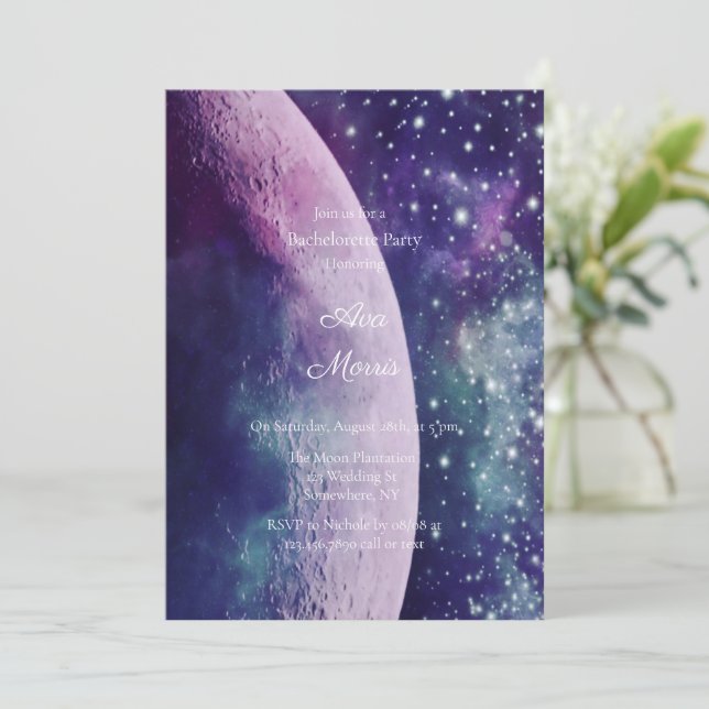 Invitation Celestial Purple Galaxy Moon Bachelorette Party (Debout devant)