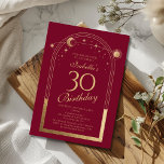 Invitation Celestial Red Gold Sun Moon Stars 30e anniversaire<br><div class="desc">Celestial Red Gold Sun Moon Astronomy 30th Birthday Invitations dispose d'un élégant soleil doré, lune et étoiles avec un cadre doré sur un arrière - plan rouge. A l'intérieur, vous avez vos informations d'invitation personnalisées pour le trentième anniversaire. Personnalisez en modifiant le texte dans les zones de texte. Conçu pour...</div>