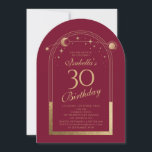 Invitation Celestial Red Gold Sun Moon Stars 30e anniversaire<br><div class="desc">Celestial Red Gold Sun Moon Astronomy 30th Birthday Invitations dispose d'un élégant soleil doré, lune et étoiles avec un cadre doré sur un arrière - plan rouge. A l'intérieur, vous avez vos informations d'invitation personnalisées pour le trentième anniversaire. Personnalisez en modifiant le texte dans les zones de texte. Conçu pour...</div>