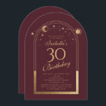 Invitation Celestial Red Gold Sun Moon Stars 30e anniversaire<br><div class="desc">Celestial Red Gold Sun Moon Astronomy 30th Birthday Invitations présente un élégant soleil doré, une lune et des étoiles avec un cadre doré sur un arrière - plan rose-rouge profond. A l'intérieur, vous avez vos informations d'invitation personnalisées pour le trentième anniversaire. Personnalisez en modifiant le texte dans les zones de...</div>
