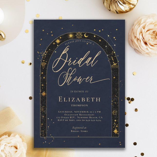 Invitation Celestial Starry Zodiac Stars Moon Bridal Shower (celestial bridal shower invitation zodiac signs astrology oracle universe mystical navy blue)