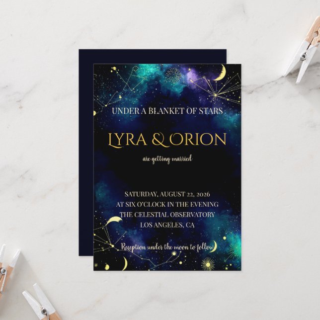 Invitation Celestial Stars | Navy Teal Gold Galaxy Wedding (Devant/Arrière en situation)