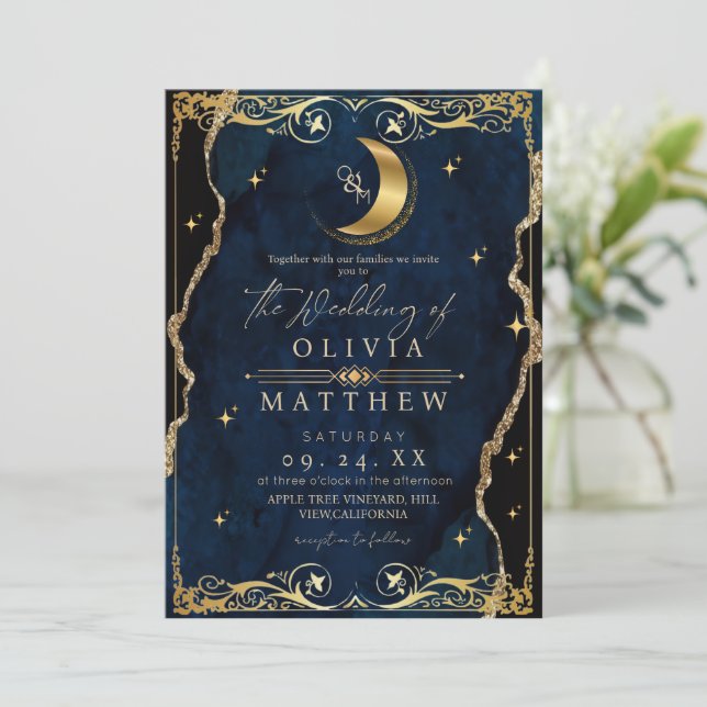 Invitation Celestial Wedding Blue and Gold Photo Wedding (Debout devant)