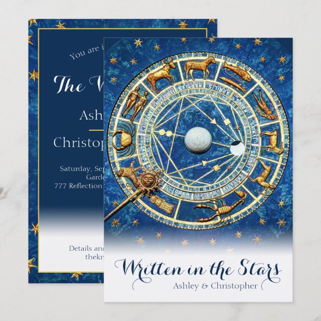 Invitation Celestial Zodiac Sky Navy Blue Gold Stars Mariage (Devant / Derrière)