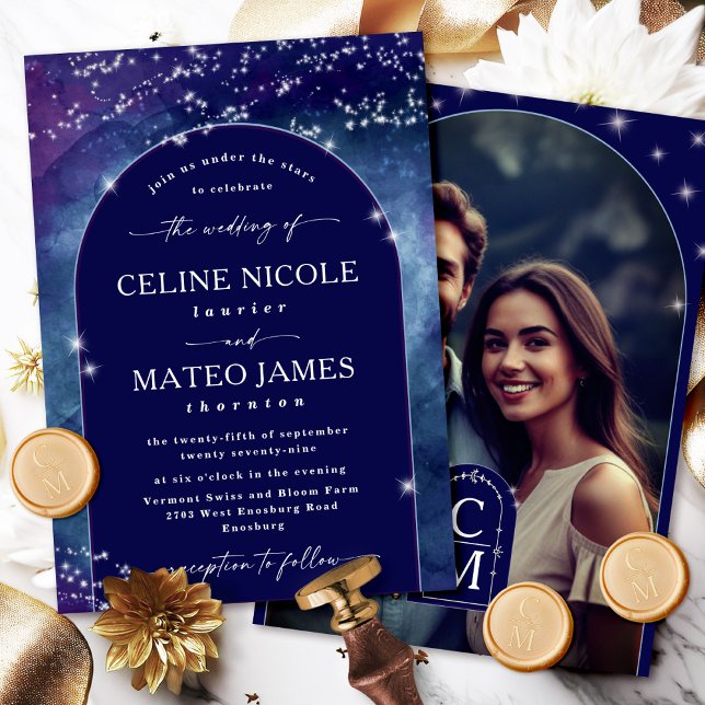 Invitation Céline ・ Elegant Ciel de nuit Arché Mariage photo (Celebrate your love story with the Celine wedding invite, featuring a custom photo.)
