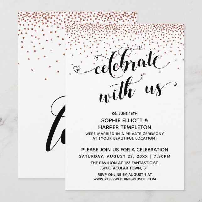 Invitation Cellebrez avec nous Écriture de coeurs Confettis d (Devant / Derrière)