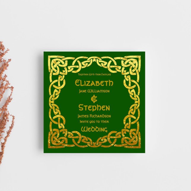 Invitation Celtic Mariage Green | Faux Gold Celtic noeud (Créateur téléchargé)